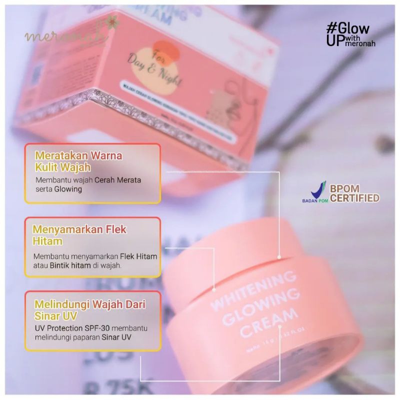 MERONAH WHITENING GLOWING CREAM, DISTRIBUTOR RESMI MERONAH(COD,)