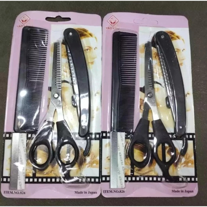 Paket Gunting Sasak Set 3IN1 - Sisir Sasak Pisau Cukur Rambut Alat Potong Poni Gerigi Cukur Zigzag Salon