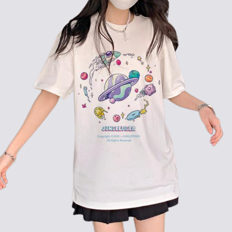 XIAOZHAINV Kaos Atasan Oversize Wanita Planet Anime Pattern Lengan Pendek A0137