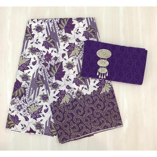 KAIN BATIK PRINT DAUN ANGGUR UNGU DAN EMBOS POLOS