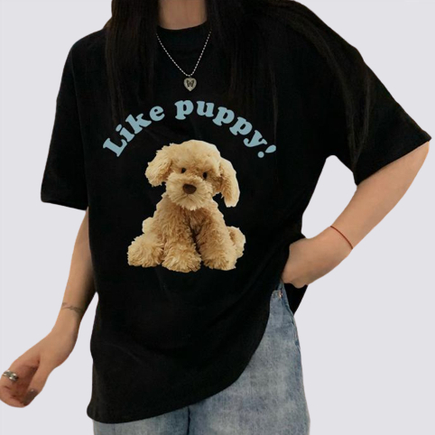 XiaoZhaiNv Kaos Atasan Oversize Wanita Cream Puppy Pattern Lengan Pendek A0081