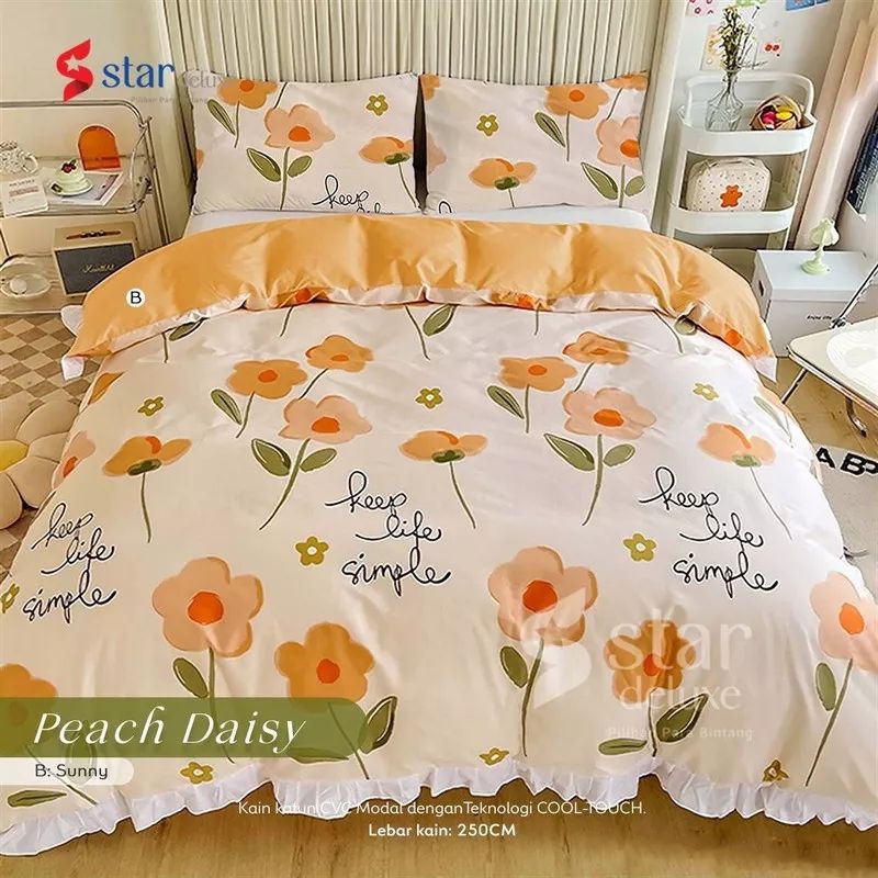 sprei katun Star motif peach Daisy size queen 160x200 sprei motif ala Korea chubby chic floral