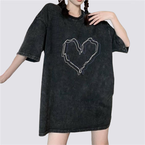 XIAOZHAINV Korean Style Heart Pattern Washed Printing Kaos Wanita