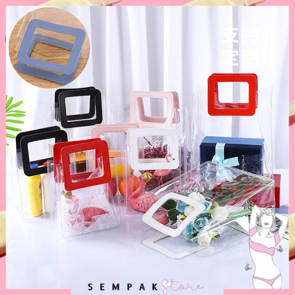 SS Tas PVC Hampers Transparan Serbaguna Goodie Bag Handle Leather Mika Transparant Handbag Gift Souvenir Murah Import