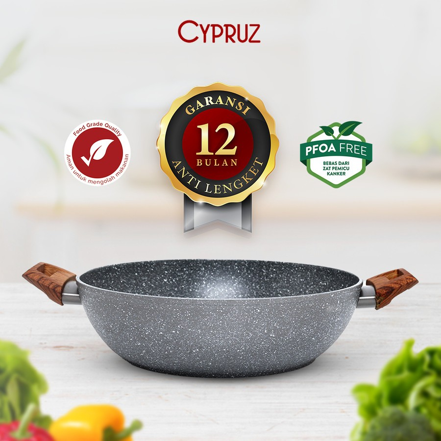 Cypruz Grey Marble Wok Pan / Kuali Anti Lengket + Tutup - 30 cm