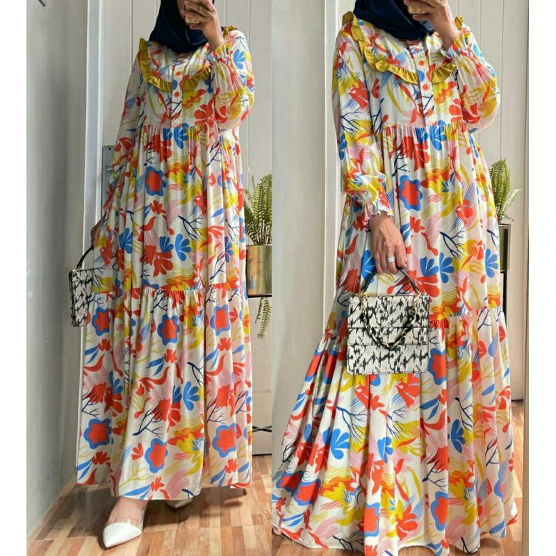 Maudy Maxy, GAMIS MOTIF BUNGA KANCING BUSUI BAHAN RAYON VISCOSE PREMIUM CANTIK MODIS FIT XL LD 106 TERMURAH TERLARIS OOTD KEKINIAN