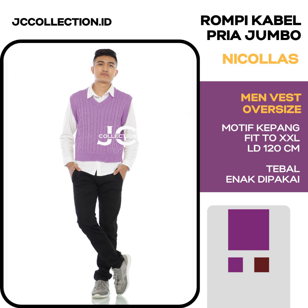 Rompi Pria Rajut Motif Kabel L-XL Vneck Knitting Nickko / Cable Vest - JCCollections