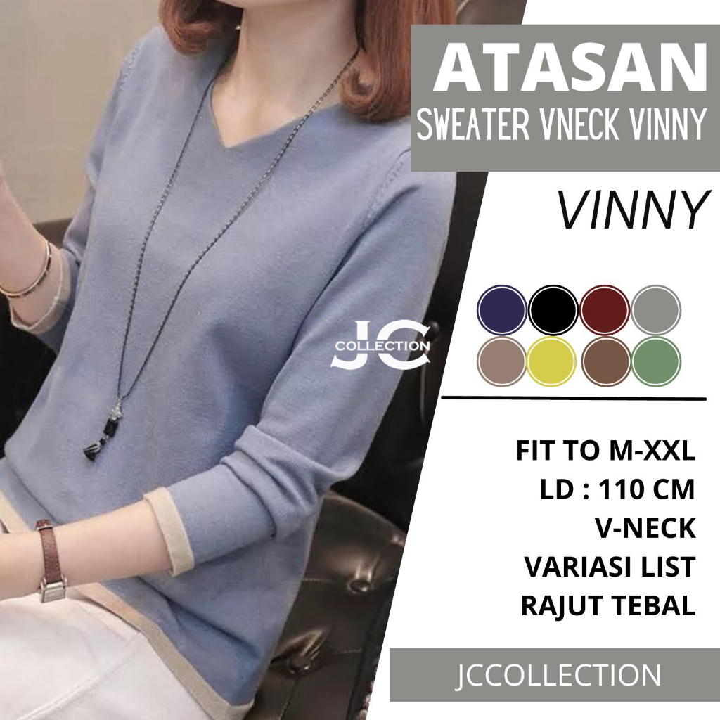 Sweater Rajut Wanita Oversize VNeck Lengan Panjang Gaya Korea Finny 01 - JCCollections