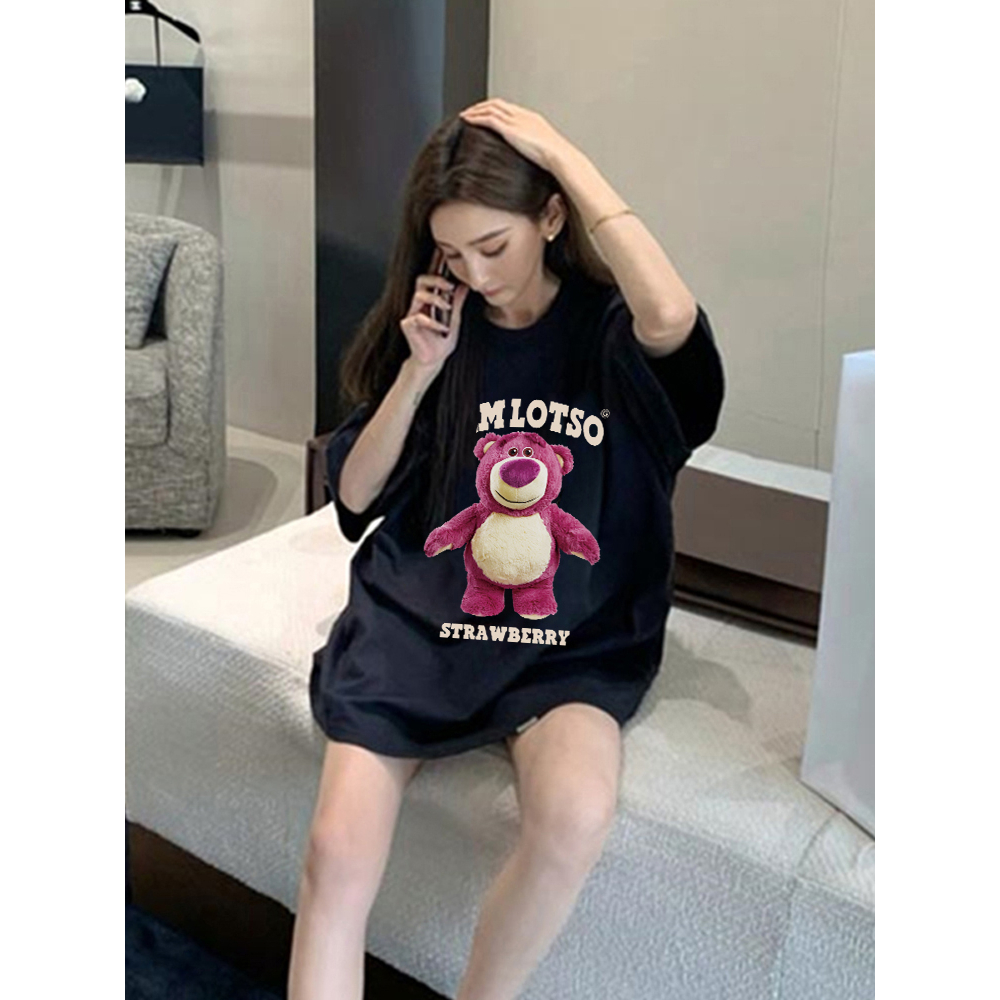 kaos atasan wanita korean style lengan pendek oversize Cute Bear graphic printing retro kaos hitam