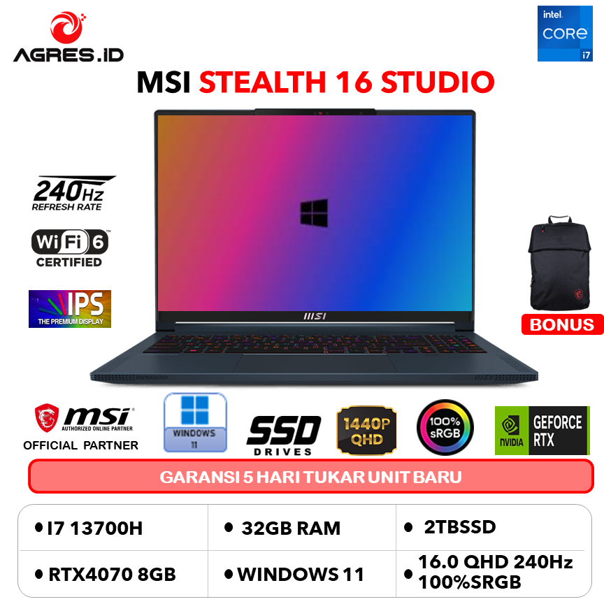 MSI STEALTH 16 STUDIO I7 13700H RTX4070 8GB/ 32GB 2TB W11+OHS 16.0QHD+ 240HZ 100SRGB PKRGB 2YR BLU -