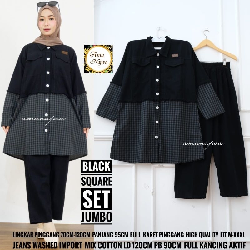 Snow Black One Set Setelan Celana Blouse Polos Jeans Mix Katun Kotak Ld 120 Jumbo Fit XXXL BY Amj