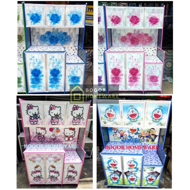 (KHUSUS BOGOR) RAK PIRING 3 PINTU TIANG WARNA KACA LUKIS MOTIF BUNGA / KARAKTER BAWAH KERAMIK