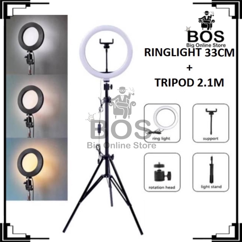 BOS - TRIPOD LIVE 2.1 METER PLUS SELFIE RING LIGHT LAMPU LED 26CM / 33CM | RINGLIGHT 45CM