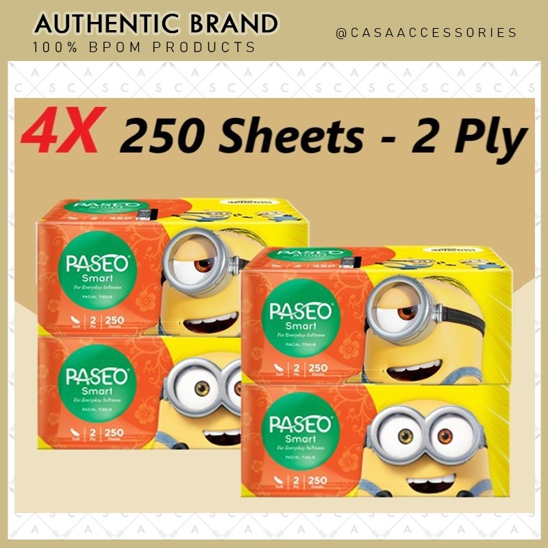 (4 PACK) Paseo Smart Soft Facial Tissue Tisu 250 Sheets - 2 Ply