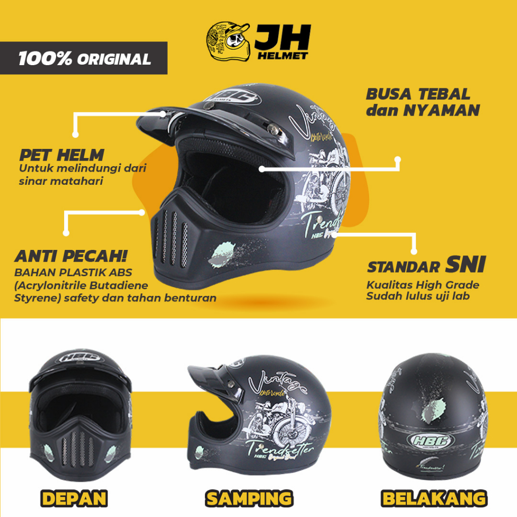 Helm Cakil HBC Vintage Black Doff + FREE GOGGLE | Retro Full Face | JUAL HELM