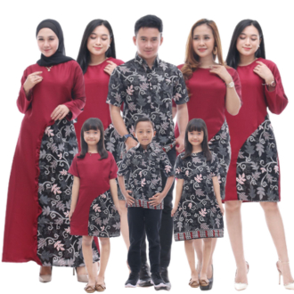 Baju Couple Keluarga Batik Keluarga Kombinasi Kelopak Maroon