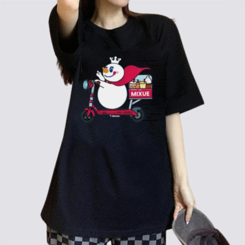 XiaoZhaiNv Kaos Atasan Oversize Wanita Snowman Pattern Lengan Pendek A0925