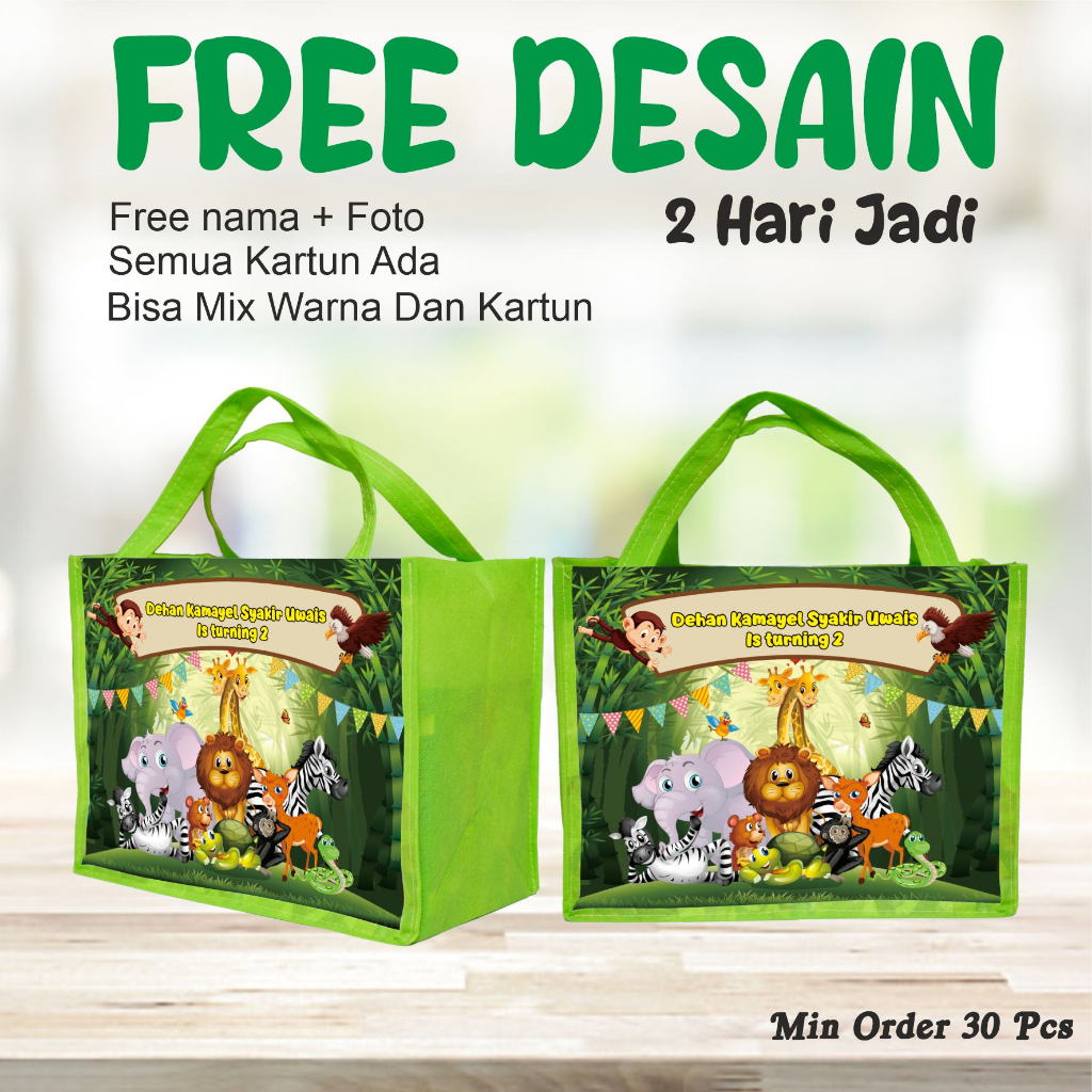 

GOODIE BAG ULTAH SOVENIR/FREE DESAIN GOODIE BAG/TAS BER KARAKTER HEWAN DENGAN KUALITAS TERBAIK