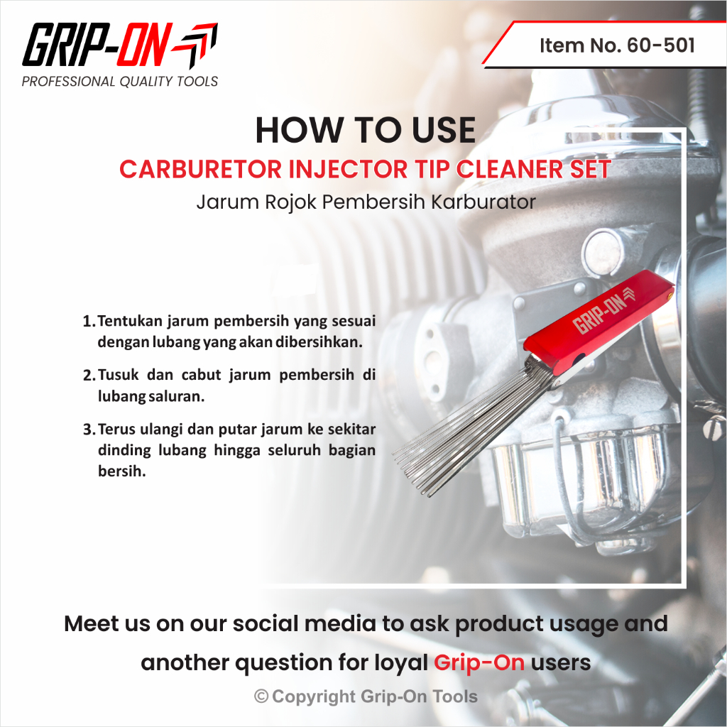 Grip-On Carburetor Injector Tip Cleaner Set Jarum Rojok Pembersih Saluran Halus Karburator Model Jarum