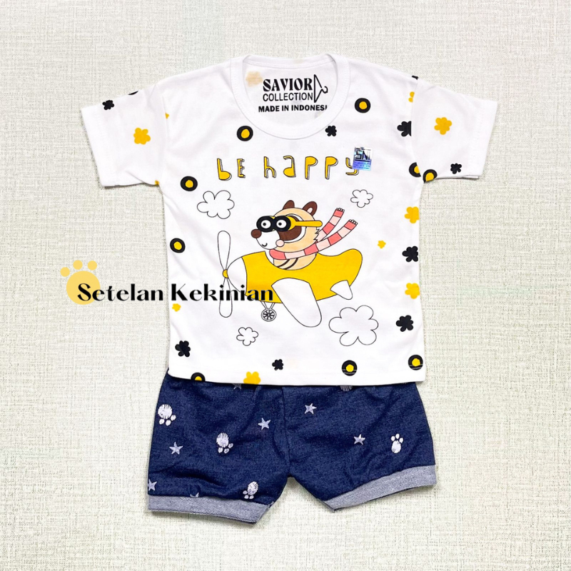 Set Baby Boy 0-12bulan Pesawat Beruang Lucu Be Happy Katun Denim Murah Setelan Anak Laki Laki Keren