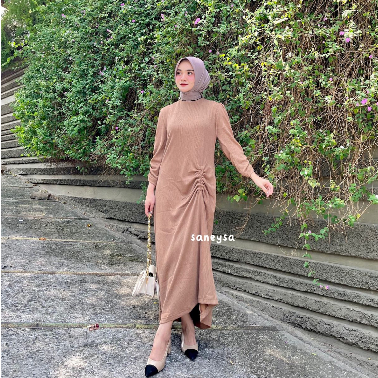 Yumna Dress - Dress Kondangan - Dress Korea - Basic Dress Casual - Dress Serut - Gamis Knit - Dress Pesta Hijab Friendly - Puffy Dress