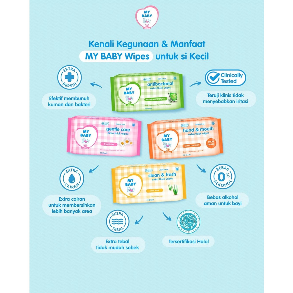 MY BABY Extra Care Wipes Hand &amp; Mouth [50 + 50 Sheets] - Tisu Basah Bayi Extra Lembut &amp; Extra Tebal (2 pcs isi 50s)