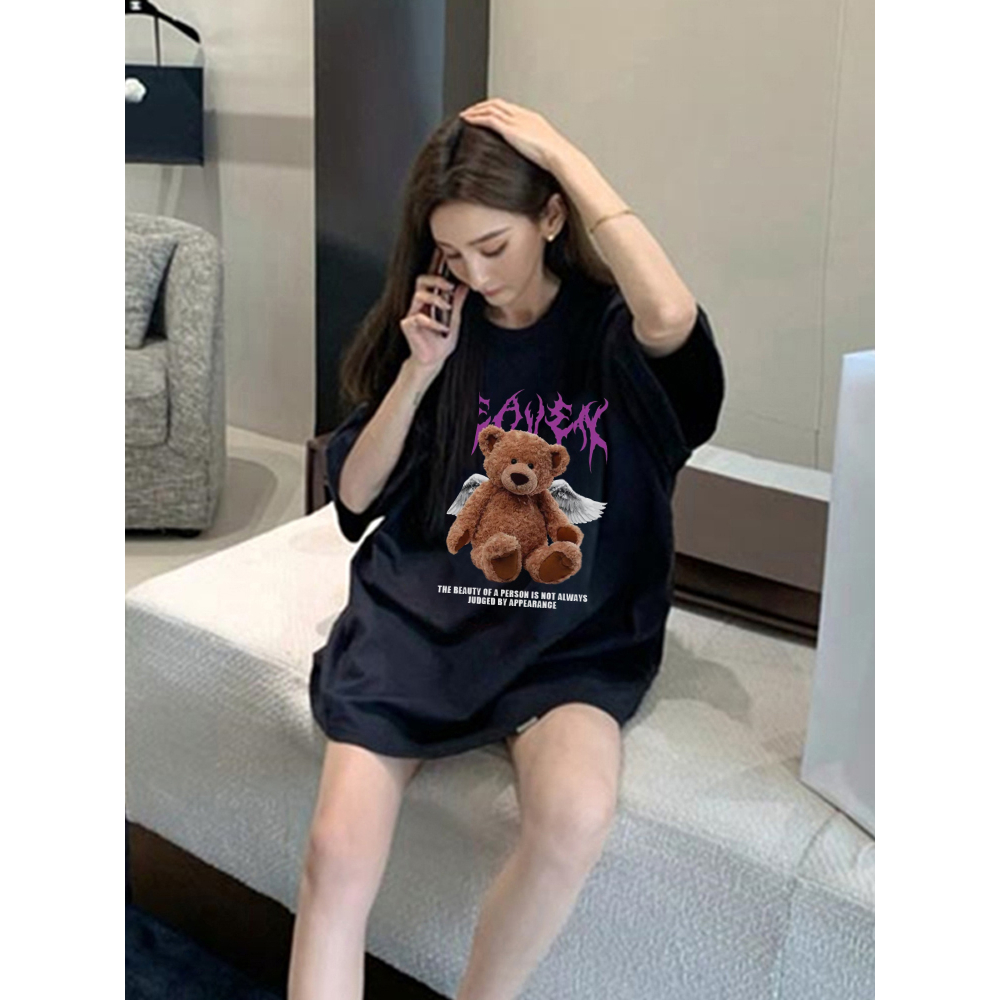 Kaos Atasan Wanita Lengan Pendek Oversize Bear Printed T-shirt Baju Wanita Kekinian Korean Style 001