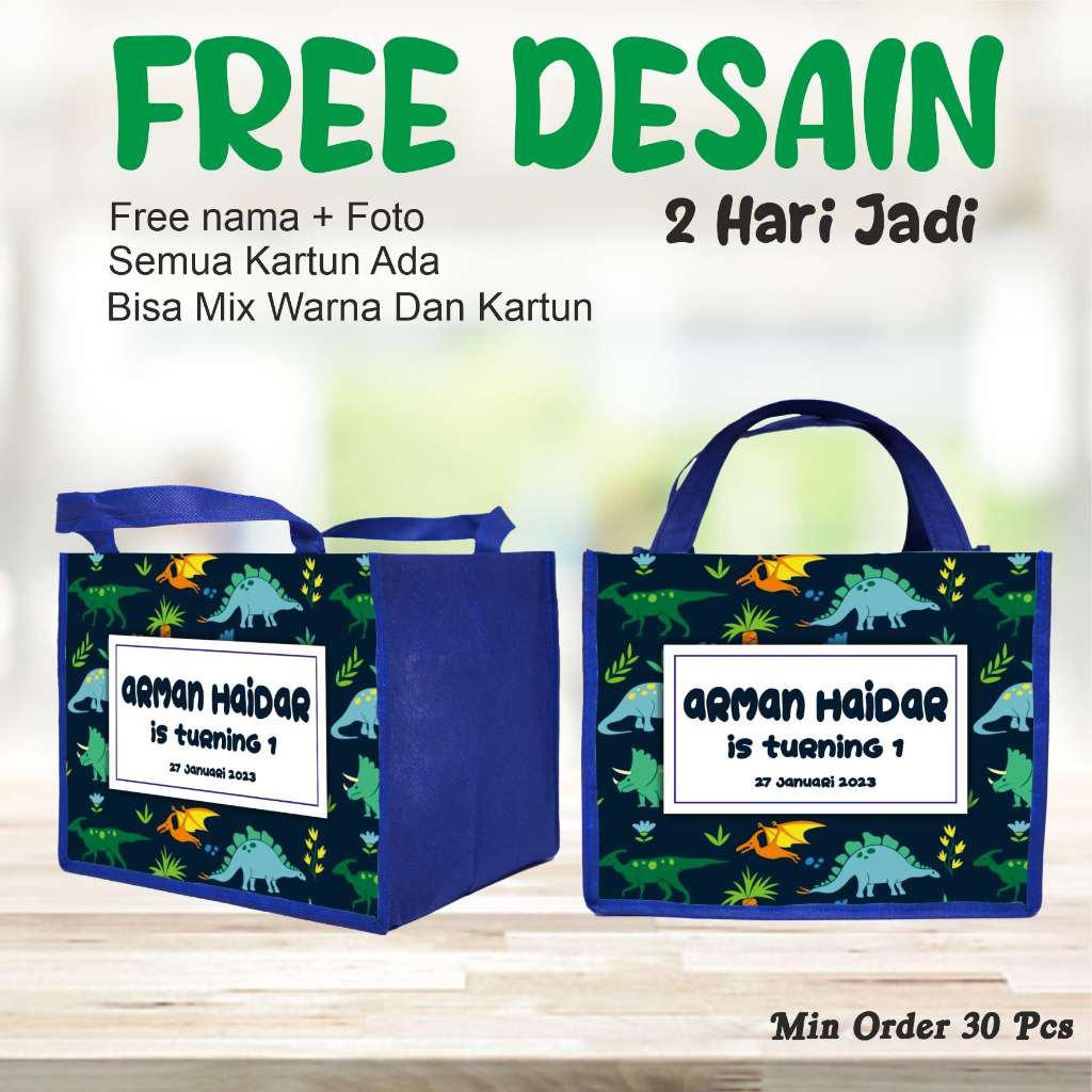 

TAS BENTO BERGAMBAR DINO SAURUS/FREE DESAIN 2 HARI JADI/GOODIE BAG UNTUK KEMASAN BOX BENTO