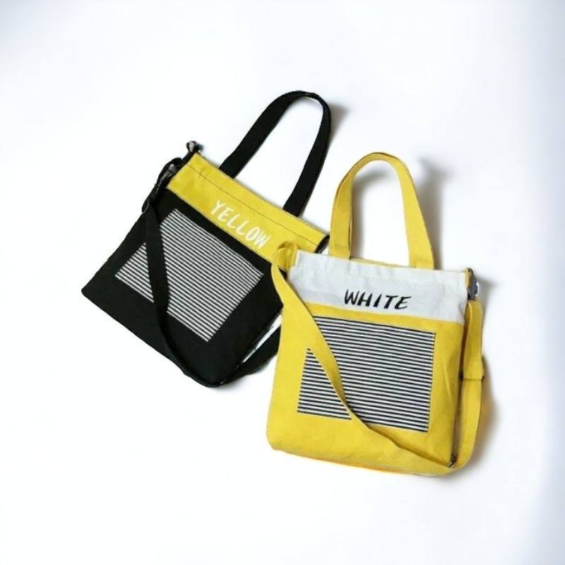 TOTEBAG WANITA 2IN1 BISA SELEMPANG DAN RANSEL TAS TOTE KUNING HITAM