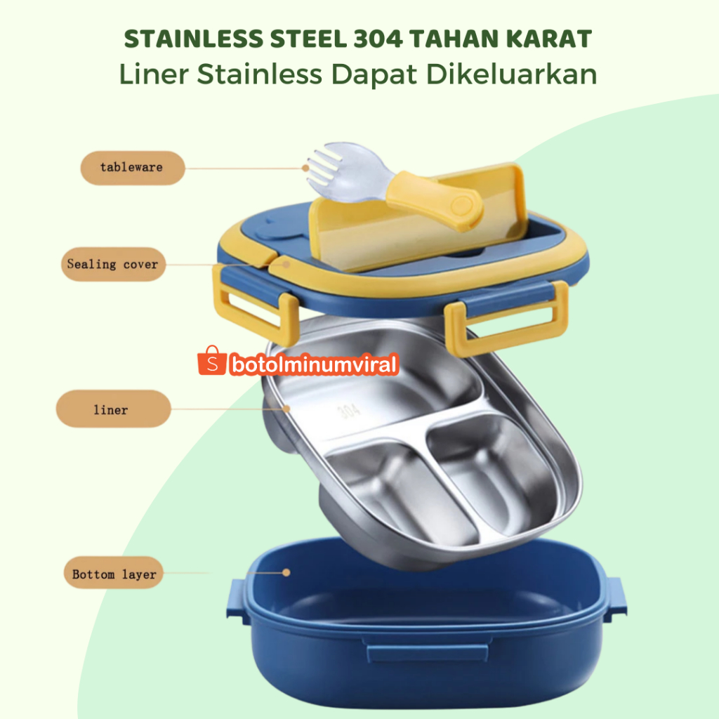 Lunch Box Set Stainless Steel Sekat Anti Tumpah Anak Balita Sekolah Premium SUS 304 Set Sendok Makan Hadiah Unik Import