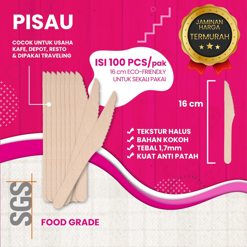 ECO-FRIENDLY WOODEN KNIFE - 1 pak isi 100 pcs Pisau Kayu 16 cm Alat Makan Cake Steak Buah Cutleries Portable Praktis Bahan Premium Kualitas Food Grade Ramah Lingkungan Cutlery Tekstur Halus Sekali Pakai Gerigi Tajam