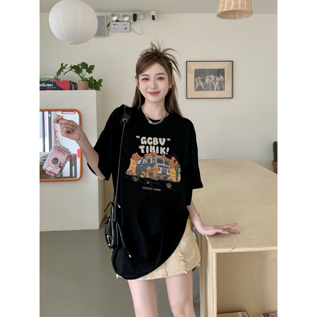 EUNII T-shirt Lengan Pendek Cartoon Desert Car Painting Printing Korean Style/Kaos Atasan Wanita/Baju Wanita/Kaos Wanita