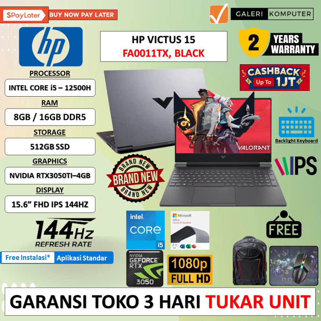 Laptop Gaming Hp Victus 15 FA0011TX Intel Core i5 - 12500H 16GB 512GB RTX3050-4GB 15.6&quot; FHD IPS 144HZ Windows 11 Home free Office Home And Student