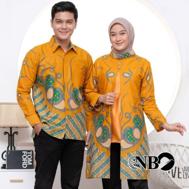Baju Batik Couple Pasangan Motif Mata Capung Kuning Lengan Panjang Jumbo