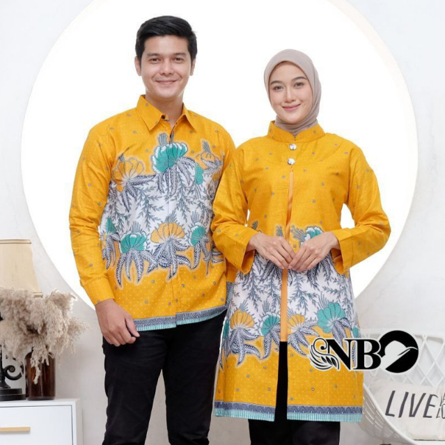 Baju Batik Couple Pasangan Motif Ayu Bening Kuning Lengan Panjang Jumbo