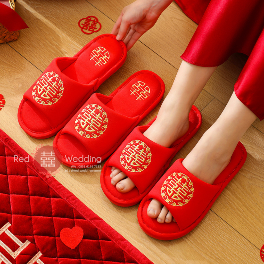 [Xi Bingkai Bunga] Sandal MERAH Pengatin Groom /Bride  Sepatu Wedding Bahan dengan Bordir Tulisan Shuang Xi Sanghi