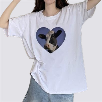 XIAOZHAINV Kaos Atasan Wanita Love And Cows Pattern Lengan Pendek A0333