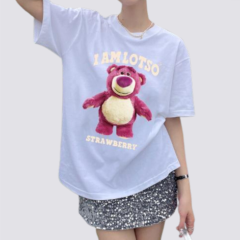 XiaoZhaiNv Kaos Atasan Oversize Wanita Strawberry Bear Pattern Lengan Pendek A0921