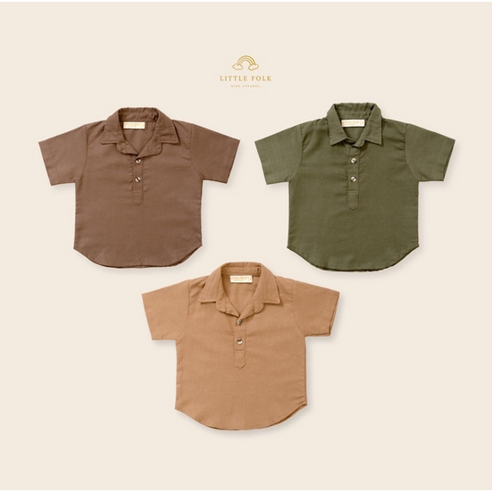 Little Folk Oliver Polo - Kemeja Anak Laki-Laki Linen Lembut Khaki Basic Earth Lengan Pendek Atasan Berkerah