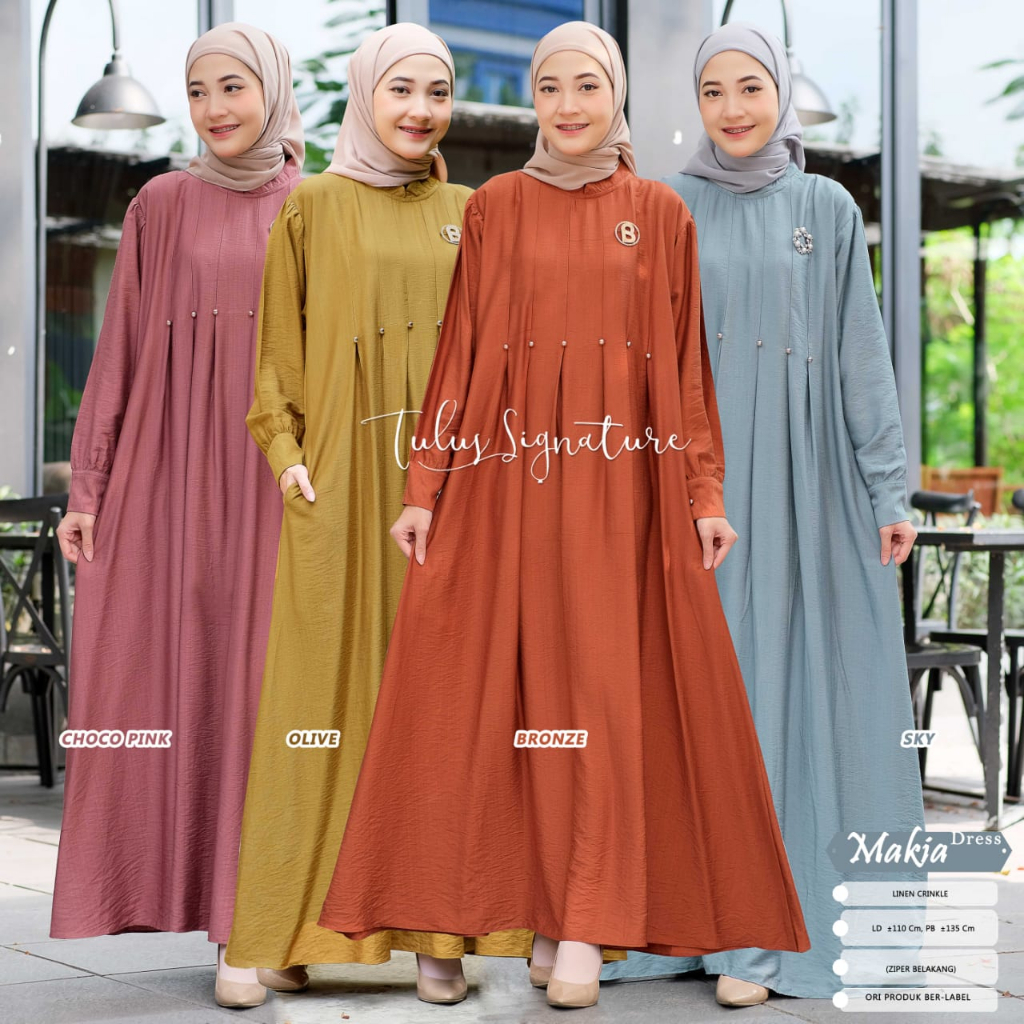 Dress Korean Style Kondangan Muslim Gamis Linen Crinkle Panjang Rempel LD 110 / MAKIA