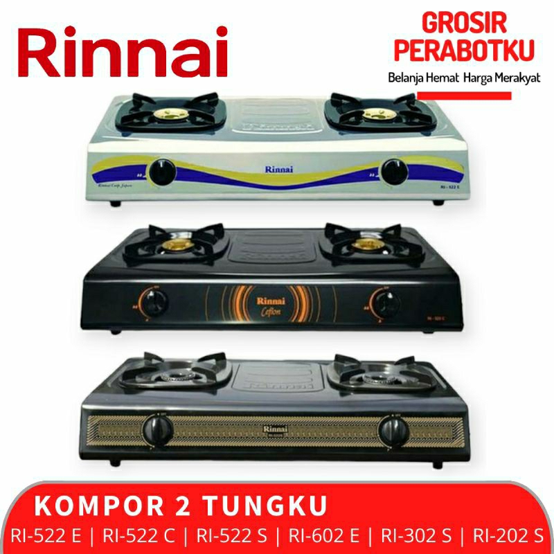 Kompor Gas 2 Tungku Rinnai Stainless RI 522 E RI 522 C RI 522 S RI 602 E RI 302 S RI 202 S Original 