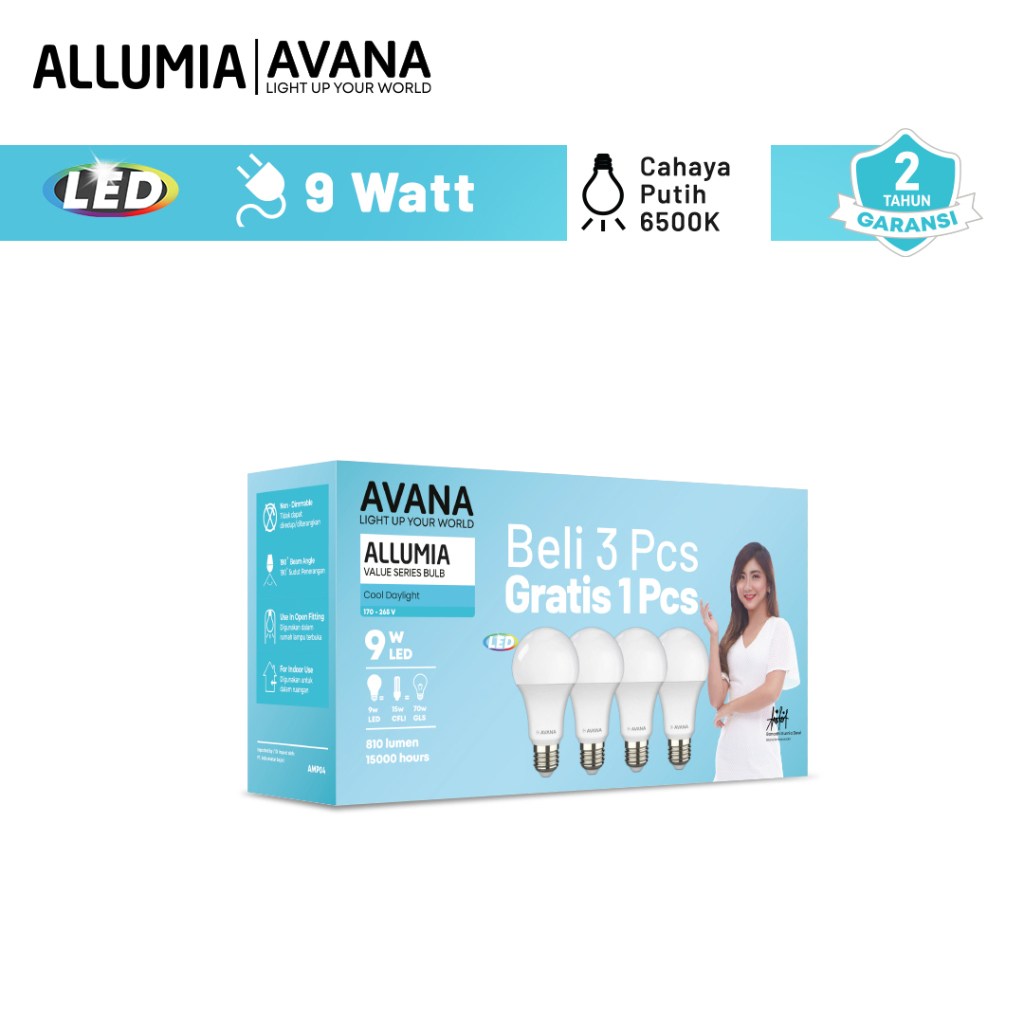 Lampu Megapeck 3 Bonus 1 LedBulb 9 Watt 6500K Putih AVANA ALUMUNIA