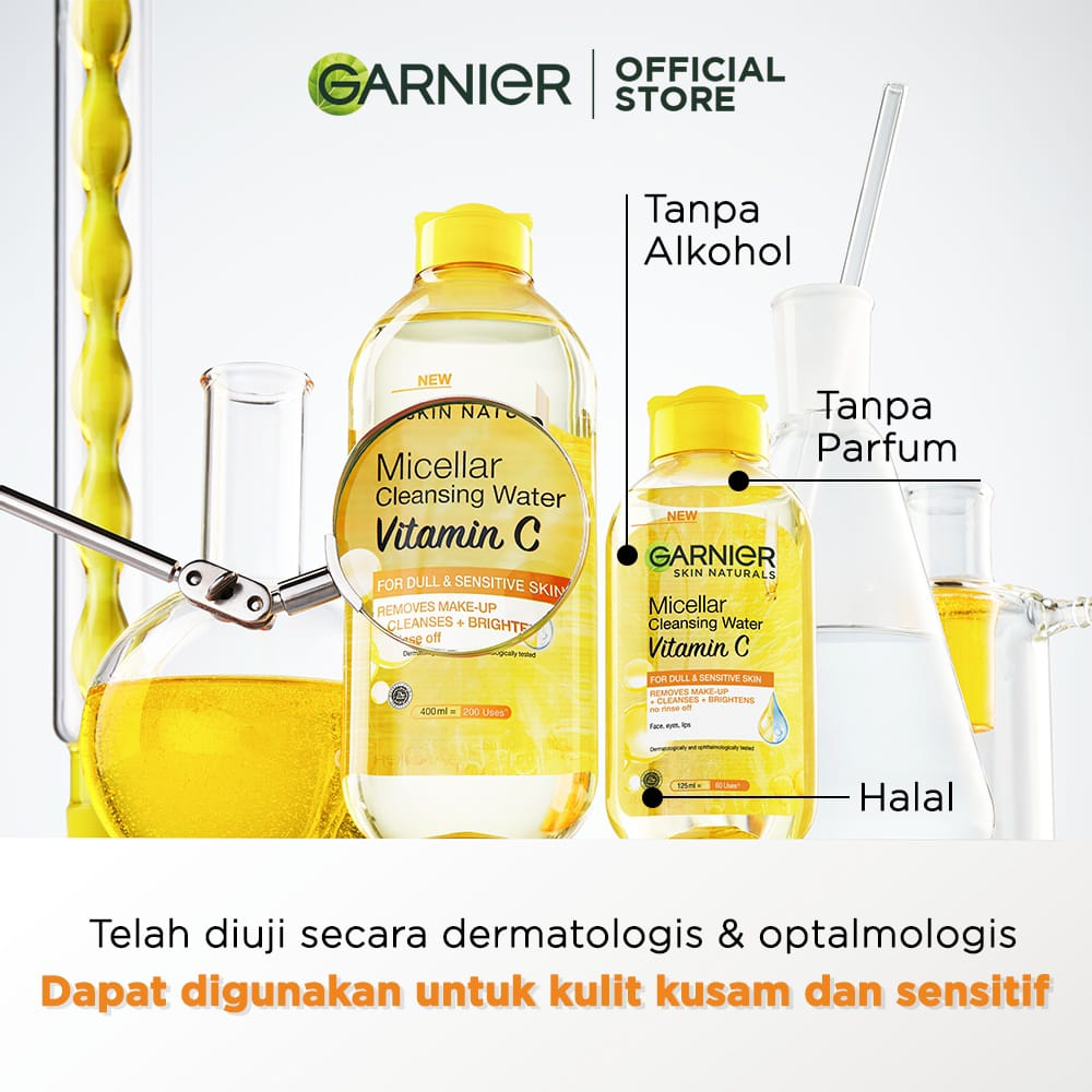 Garnier MICELLAR WATER Vitamin C Kuning 400 ml / 125 ml - Skincare Pembersih Wajah &amp; Makeup Untuk Kulit Lebih Cerah - Micelar Water Make Up Ukuran Besar Kecil