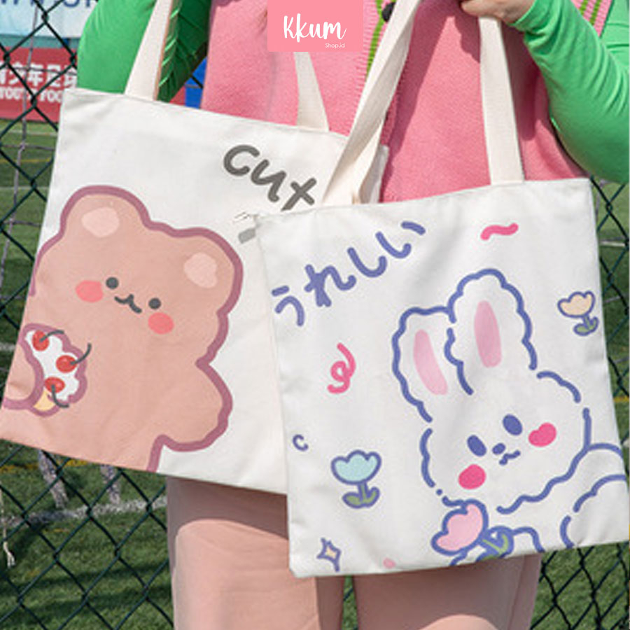 Totebag kanvas kartun korea wanita/ Tas kuliah remaja cute