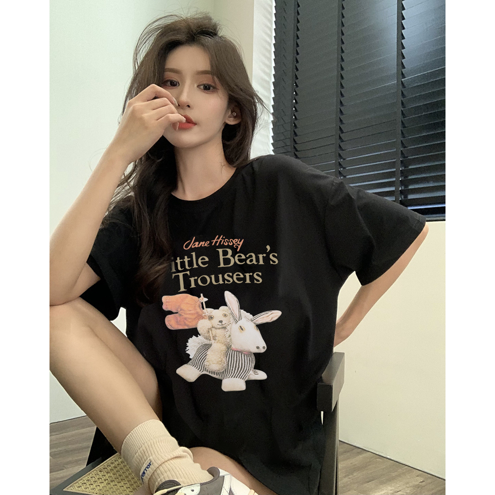 kaos hitam oversize wanita/korean style cartoon letter graffiti kaos basic import lengan pendek baju kaos