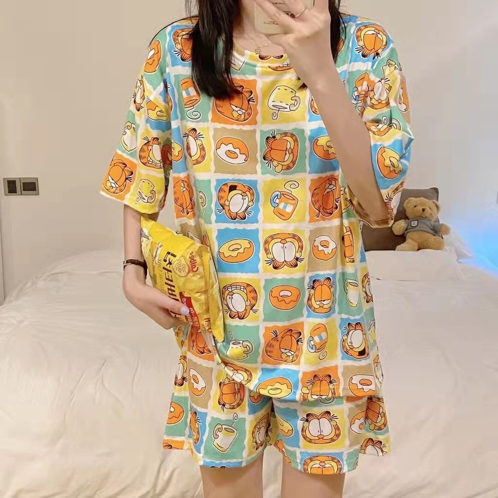 Onetset Setelan Smile Pakaian Wanita Baju Tidur Wanita Import Piyama Lengan Pendek Motif Kartun Fit to XXL terbaru Motif Print