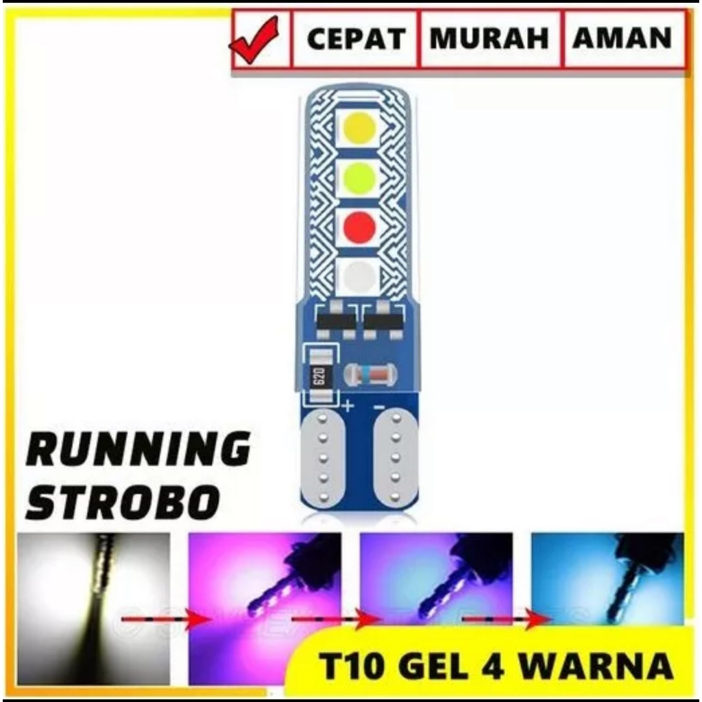 LED T10 4 WARNA RUNNING 8 RGB SENJA SEIN SEN STROBOW FLASH FLASHING JELLY-T10 4 WARNA