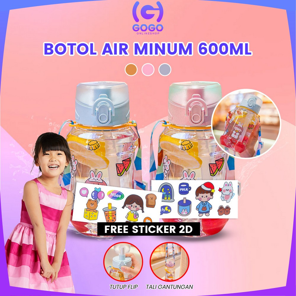 GOGO-C830 Botol Air Minum 600ML FREE Tali Botol Minum Flip Top Anak BPA FREE / Botol Minum Anak Sedotan Anti Pecah Anti Tumpah