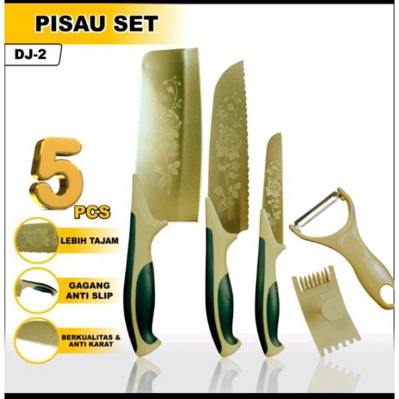 Pisau Set Dapur Lengkap 5 in 1 Motif Bunga Gold