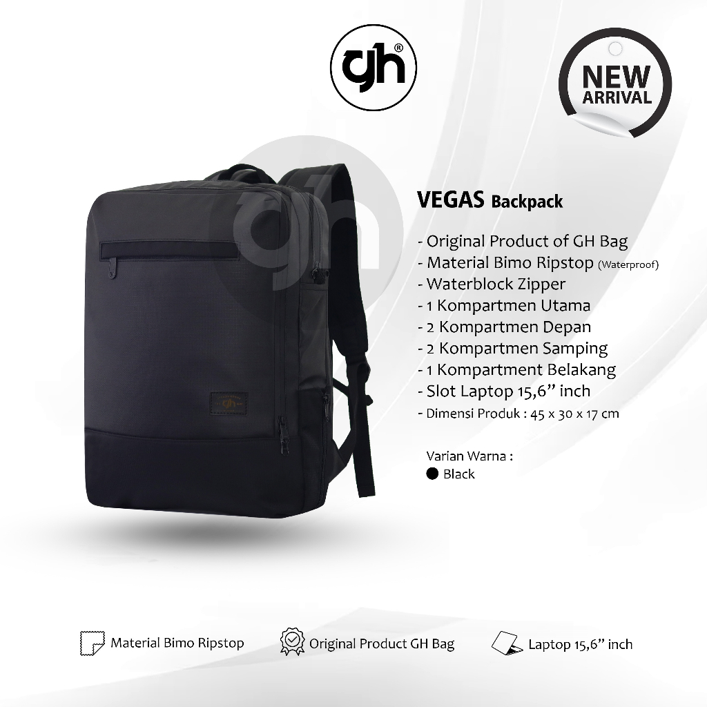 GH.Bag New Arrival - Tas Ransel VEGAS Backpack Bimo - Tas Ransel Laptop Up to 15 inch - Tas Waterproof Anti Air IAC